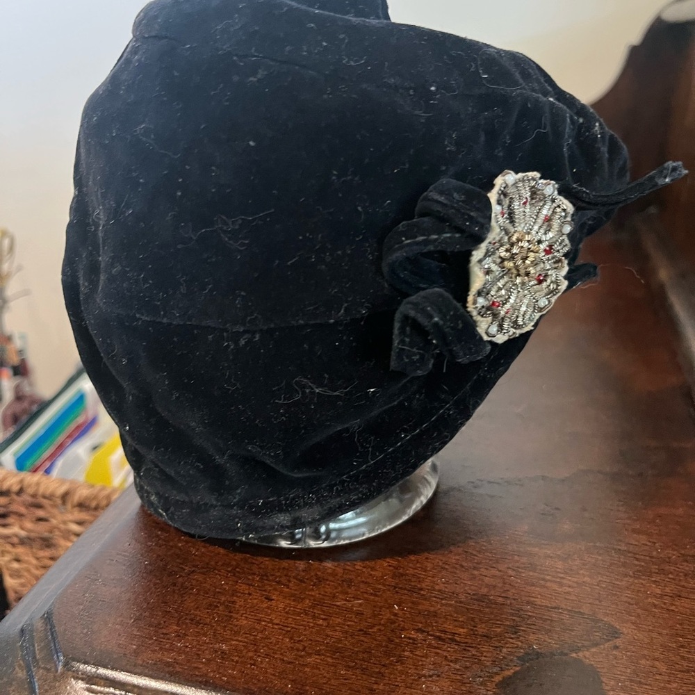 Vintage Black Velvet Hat with Brooch